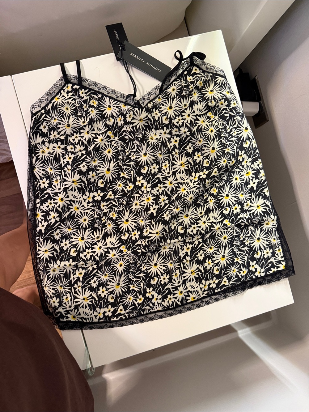 Rebecca Minkoff Black Daisy-Print Lace Trim Cami